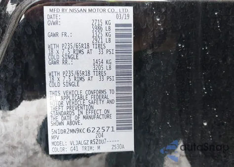 2019 Nissan Pathfinder Sl z USA, uszkodzony, nr VIN 5N1DR2MN9KC622571